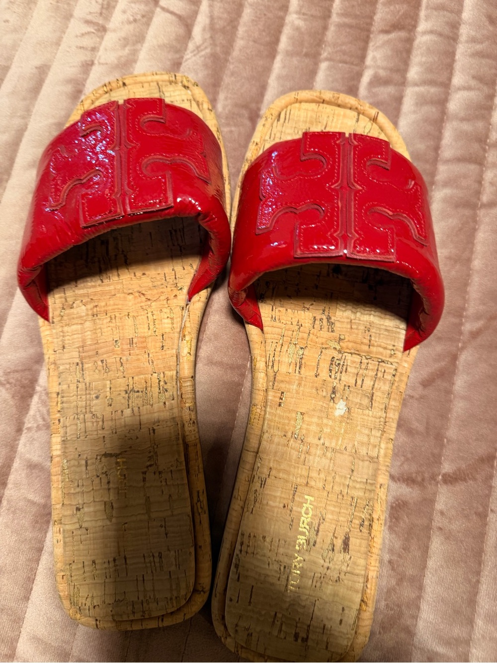 Tory Burch Red Patent Logo Cork Slide Sandals